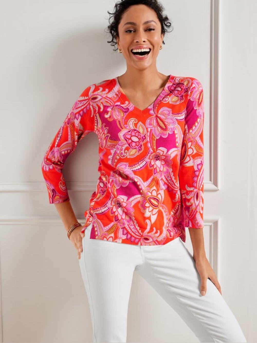 Talbots Women's 3/4 Sleeve V-Neck Knit Top size Small Petite